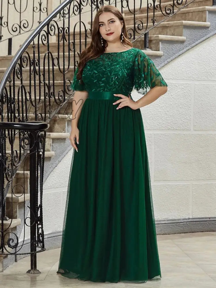 Hnewly Elegant Evening Dresses O-Neck Sequin Tulle Print Floor Length New Ever Pretty Of Sleeve