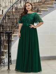 Hnewly Elegant Evening Dresses O-Neck Sequin Tulle Print Floor Length New Ever Pretty Of Sleeve