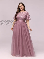 Hnewly Elegant Evening Dresses O-Neck Sequin Tulle Print Floor Length New Ever Pretty Of Sleeve