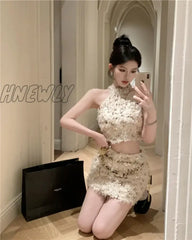 Hnewly Elegant Fashion Small Fragrance Sequins Two Piece Set Women Halter Top + Chain Skirt Sets