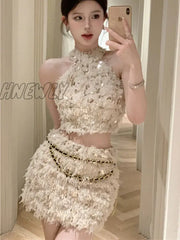 Hnewly Elegant Fashion Small Fragrance Sequins Two Piece Set Women Halter Top + Chain Skirt Sets