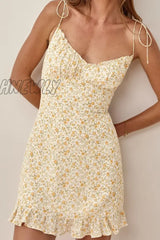 Hnewly - Elegant Floral Frenulum Stringy Selvedge V Neck A Line Dresses Yellow / S Dresses/Short