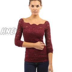 Hnewly Elegant Lace Blouse Female Fashion Long Sleeve Slash Neck Ladies Shirt Simple Floral Slim