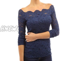 Hnewly Elegant Lace Blouse Female Fashion Long Sleeve Slash Neck Ladies Shirt Simple Floral Slim