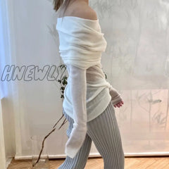 Hnewly Elegant Lady Folds Slash Neck T Shirt Korean Fashion Chic Women Full Sleeve Slim Fit Tees