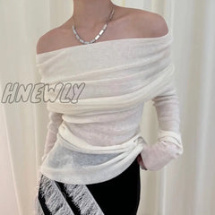 Hnewly Elegant Lady Folds Slash Neck T Shirt Korean Fashion Chic Women Full Sleeve Slim Fit Tees