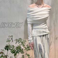 Hnewly Elegant Lady Folds Slash Neck T Shirt Korean Fashion Chic Women Full Sleeve Slim Fit Tees