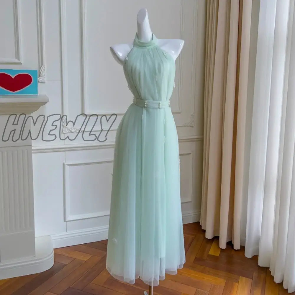 Elegant Light Green Jewel Halter Neck Waistband Sleeveless Prom Dress Off-shoulder Tulle Pearls Evening Party Gown for Holiday