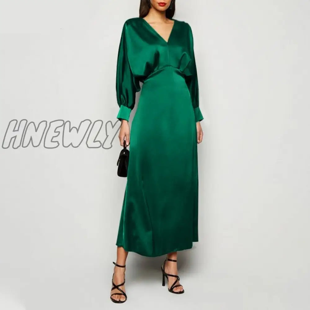 Hnewly Elegant Maxi Dress Summer Women Sexy Satin Silk Solid Long Bat Sleeve V Neck Party Vestidos