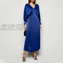 Hnewly Elegant Maxi Dress Summer Women Sexy Satin Silk Solid Long Bat Sleeve V Neck Party Vestidos