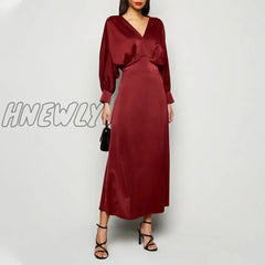 Hnewly Elegant Maxi Dress Summer Women Sexy Satin Silk Solid Long Bat Sleeve V Neck Party Vestidos