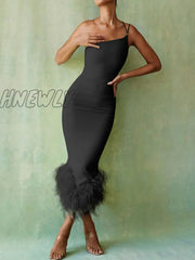 Hnewly Elegant One Shoulder Feather Bottom Midi Dress For Women Robe Summer New Sleeveless Bodycon