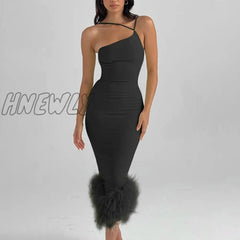 Hnewly Elegant One Shoulder Feather Bottom Midi Dress For Women Robe Summer New Sleeveless Bodycon