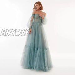 Hnewly Elegant Puff Sleeve Evening Dresses Off The Shoulder Prom Gown Pleats Tulle Floor Length