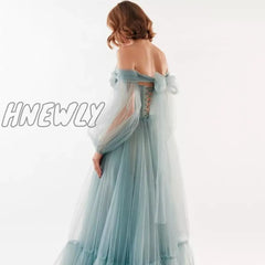 Hnewly Elegant Puff Sleeve Evening Dresses Off The Shoulder Prom Gown Pleats Tulle Floor Length