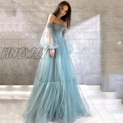 Hnewly Elegant Puff Sleeve Evening Dresses Off The Shoulder Prom Gown Pleats Tulle Floor Length