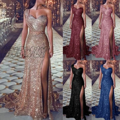 Hnewly Elegant Red Off Shoulder Split Glitter Long Dress Women Sexy Party Club Shine Floor Length
