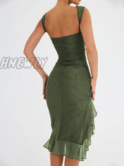 Hnewly Elegant Ruffle Ruched Midi Dress For Women Robe Summer New Backless Sleeveless Irregular