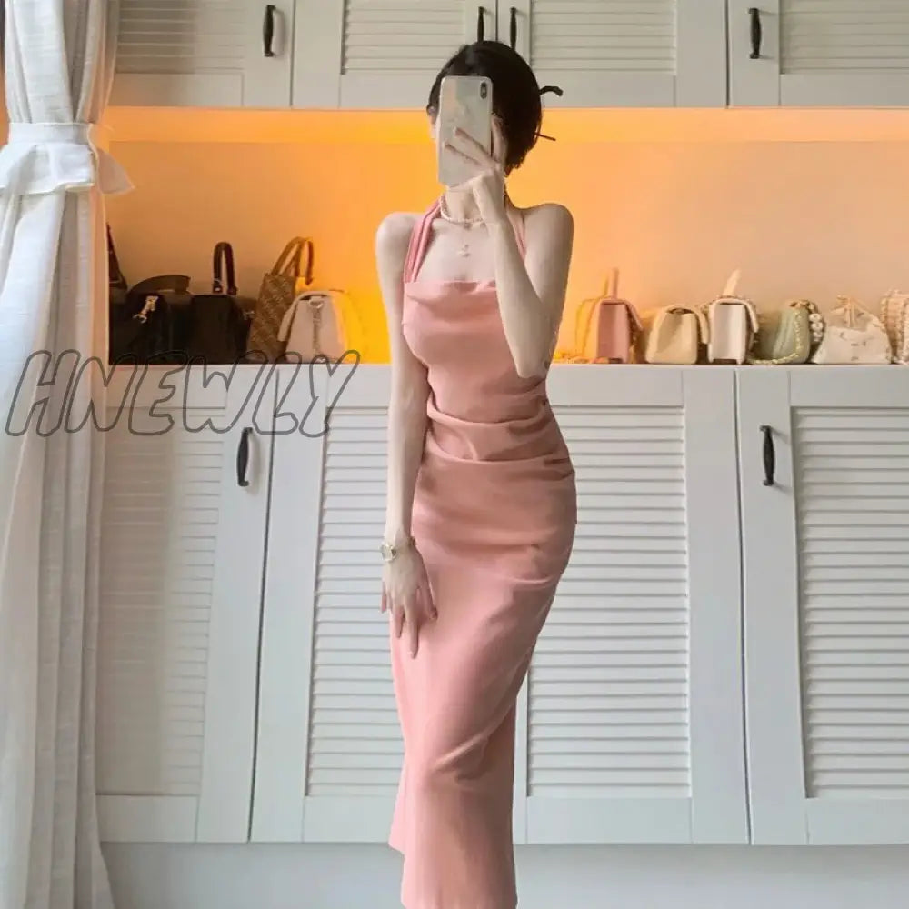 Elegant Senior Pink Halter Spaghetti Straps Dress Women's Summer French Waist-Tight Hip-Wrapped Princess Mid-Length Skirt