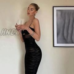 Hnewly Elegant Sexy Black Mesh Ruched Bodycon Dresses For Women Party Club Outfits Cutout Backless