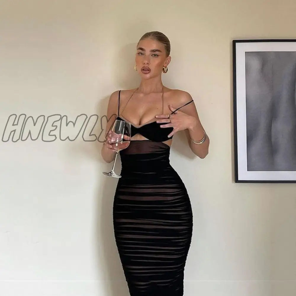 Hnewly Elegant Sexy Black Mesh Ruched Bodycon Dresses For Women Party Club Outfits Cutout Backless