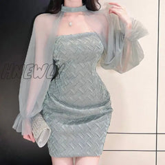 Hnewly Elegant Sexy High Waist Patchwork Mesh Lantern Long Sleeve Dress Vacation Vestidos Slim