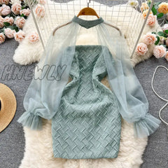 Hnewly Elegant Sexy High Waist Patchwork Mesh Lantern Long Sleeve Dress Vacation Vestidos Slim