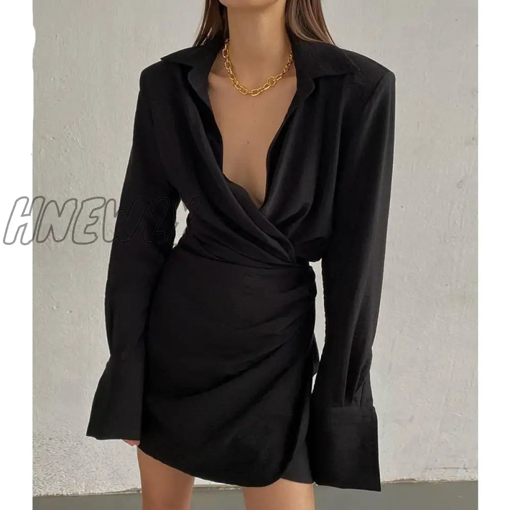 Hnewly Elegant Shirt Dresses Sexy Long Sleeve V - Neck Dress Streetwear Women’s Evening Party