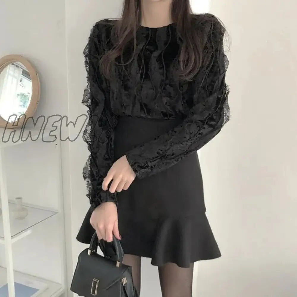 Hnewly Elegant Skirt Sets Womens 2 Piece Sexy High Waist Ruffle Patchwork Mermaid Mini Lace Top