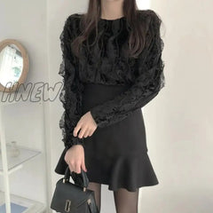 Hnewly Elegant Skirt Sets Womens 2 Piece Sexy High Waist Ruffle Patchwork Mermaid Mini Lace Top