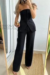 Hnewly - Elegant Solid Buttons Strapless Sleeveless Two Pieces Black / S Pieces/Two-Piece Pants Set