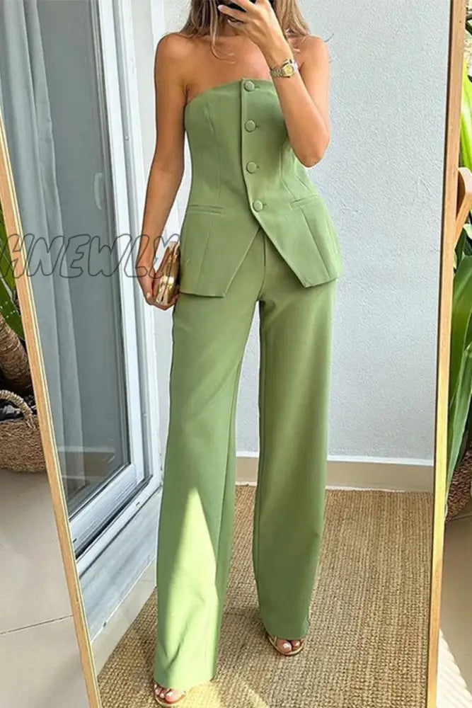 Hnewly - Elegant Solid Buttons Strapless Sleeveless Two Pieces Green / S Pieces/Two-Piece Pants Set