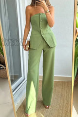 Hnewly - Elegant Solid Buttons Strapless Sleeveless Two Pieces Green / S Pieces/Two-Piece Pants Set