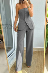 Hnewly - Elegant Solid Buttons Strapless Sleeveless Two Pieces Grey / S Pieces/Two-Piece Pants Set