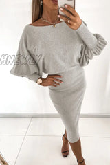 Hnewly - Elegant Solid Color O Neck Pencil Skirt Dresses(3 Colors) Grey / Xs Dresses/Long Sleeve