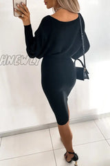 Hnewly - Elegant Solid Color O Neck Pencil Skirt Dresses(3 Colors) Dresses/Long Sleeve Dresses