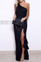 Hnewly - Elegant Solid Flounce Slit One Shoulder Evening Dress Dresses(5 Colors) Black / S
