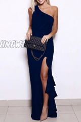 Hnewly - Elegant Solid Flounce Slit One Shoulder Evening Dress Dresses(5 Colors) Tibetan Blue / S