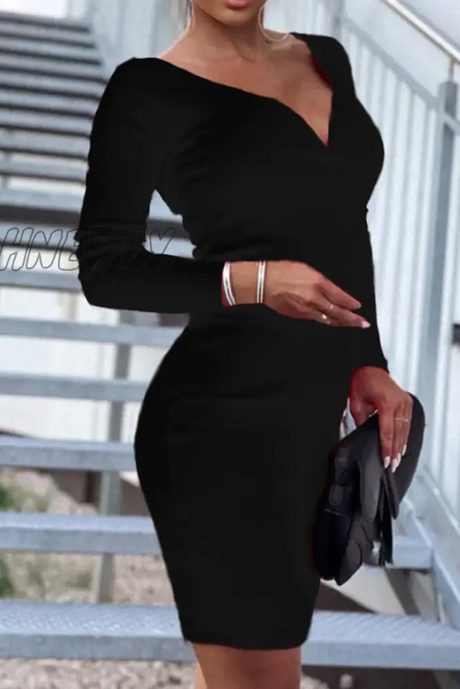 Hnewly - Elegant Solid Patchwork Basic V Neck Pencil Skirt Dresses Black / S Dresses/Short