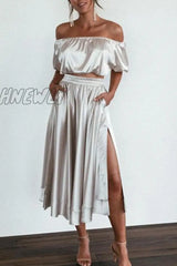 Hnewly - Elegant Solid Pocket Slit Off The Shoulder Short Sleeve Two Pieces Grey / S