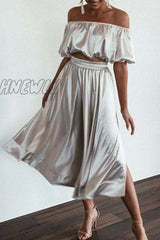 Hnewly - Elegant Solid Pocket Slit Off The Shoulder Short Sleeve Two Pieces Pieces/Two-Piece Dress