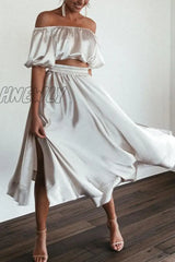 Hnewly - Elegant Solid Pocket Slit Off The Shoulder Short Sleeve Two Pieces Pieces/Two-Piece Dress