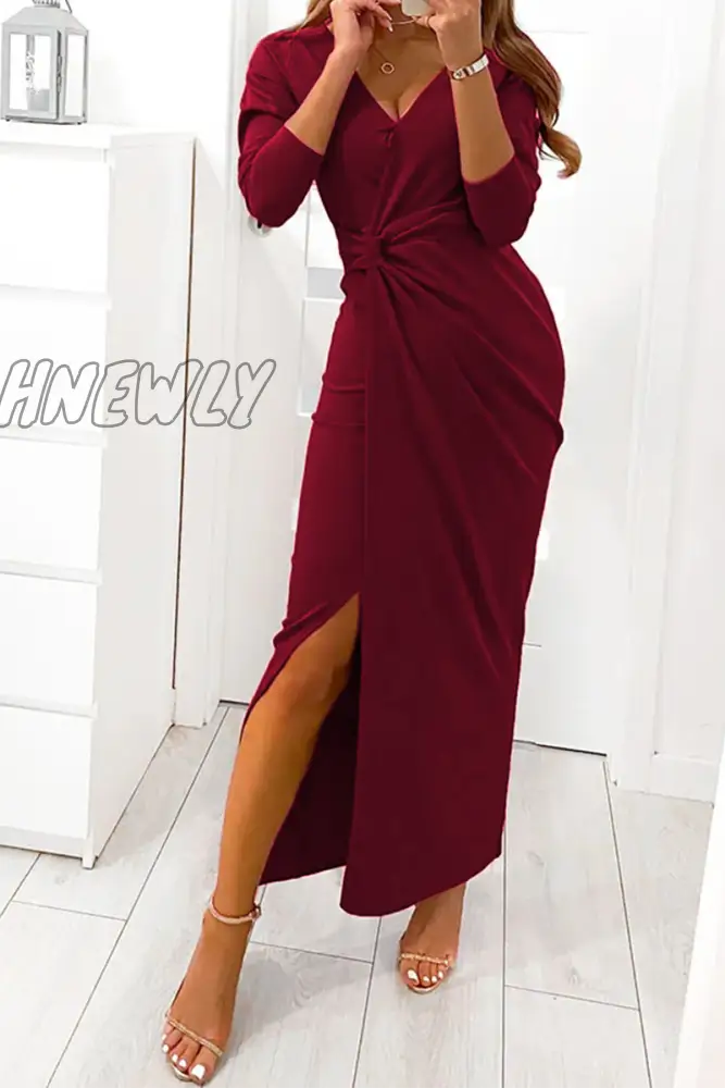 Hnewly - Elegant Solid Slit Fold V Neck Evening Dress Dresses(4 Colors) Burgundy / S Dresses/Maxi