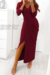 Hnewly - Elegant Solid Slit Fold V Neck Evening Dress Dresses(4 Colors) Burgundy / S Dresses/Maxi