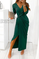Hnewly - Elegant Solid Slit Fold V Neck Evening Dress Dresses(4 Colors) Green / S Dresses/Maxi