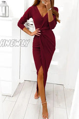 Hnewly - Elegant Solid Slit Fold V Neck Evening Dress Dresses(4 Colors) Dresses/Maxi Dresses