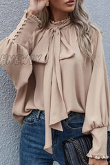 Hnewly - Elegant Solid With Bow O Neck Tops Apricot / S Tops/Long Sleeve