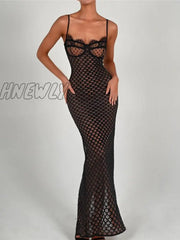 Hnewly Elegant Spaghetti Strap Print Maxi Dress For Women Robe Fashion Sleeveless Backless Lace