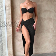 Hnewly Elegant Strapless Sexy Two Piece Set Women Sleeveless Crop Top And High Split Skirt Matching