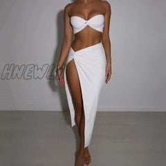 Hnewly Elegant Strapless Sexy Two Piece Set Women Sleeveless Crop Top And High Split Skirt Matching
